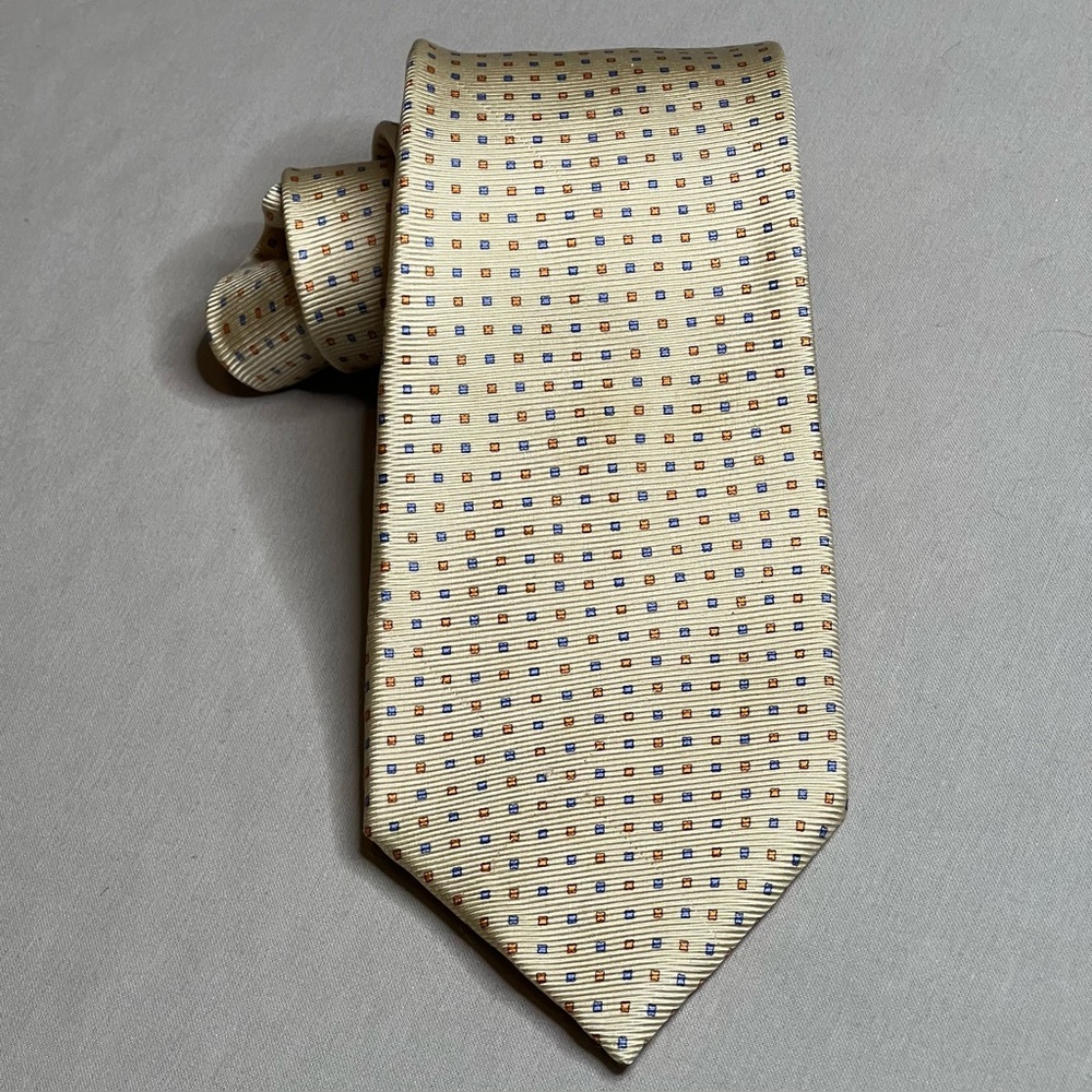 Borrelli Cream with Blue and Orange Accents Italian Silk Tie Luxury, Summer,